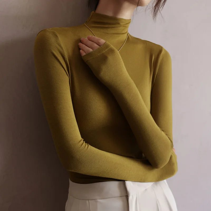 Women’s Solid Half-High Collar Sweater | Autumn Winter Long Sleeve Pullover | Casual Slim Bottoming Top
