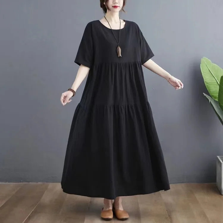 Cotton Linen Midi Dr Slimming A-Line Skirt High Waist Concealing Belly Summer New Sle Artistic Mid-aged And ly Wome...