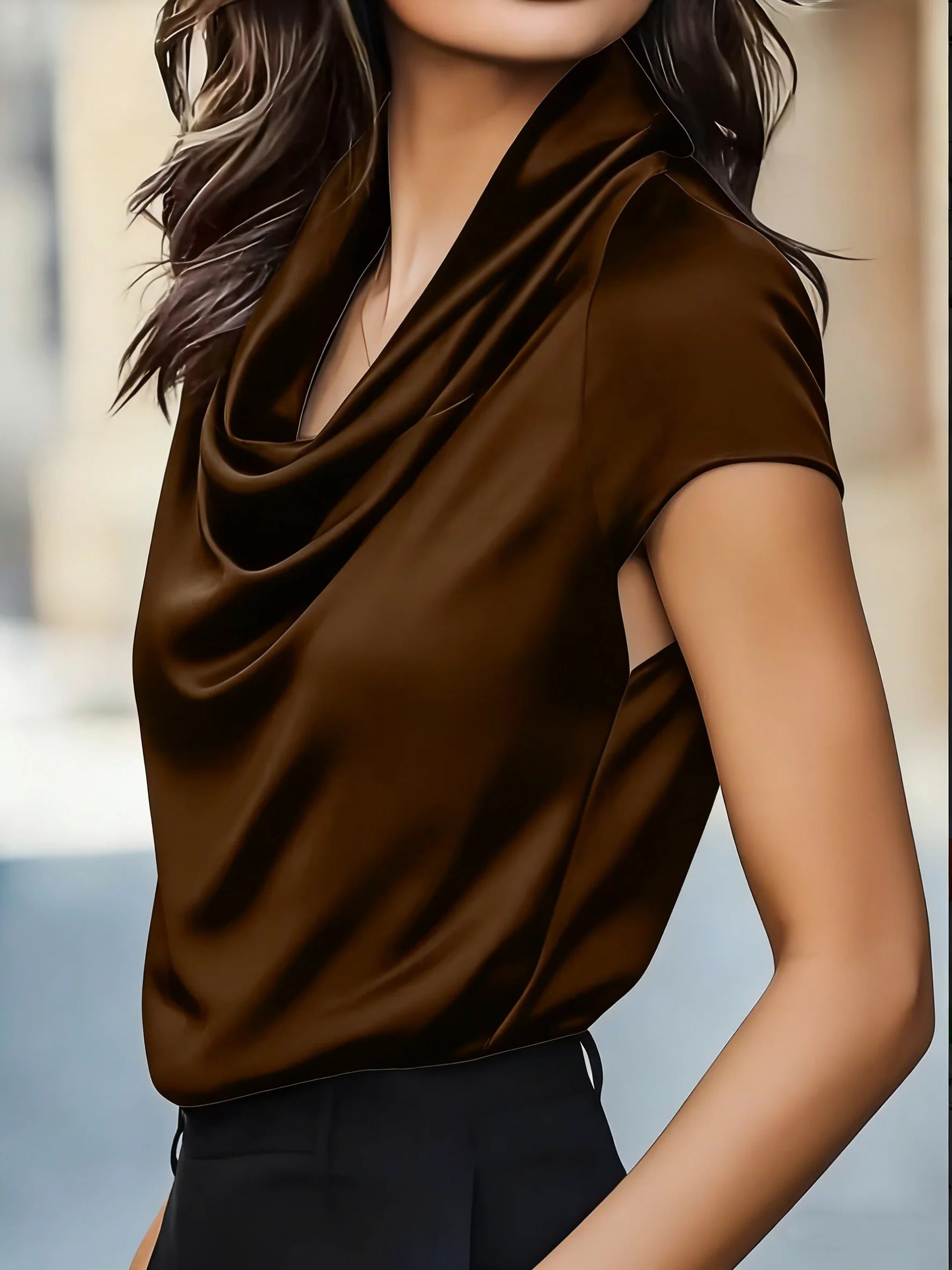Women’s Satin Cowl Neck Blouse ✨ Short Sleeve Elegant Office Evening Top 💖