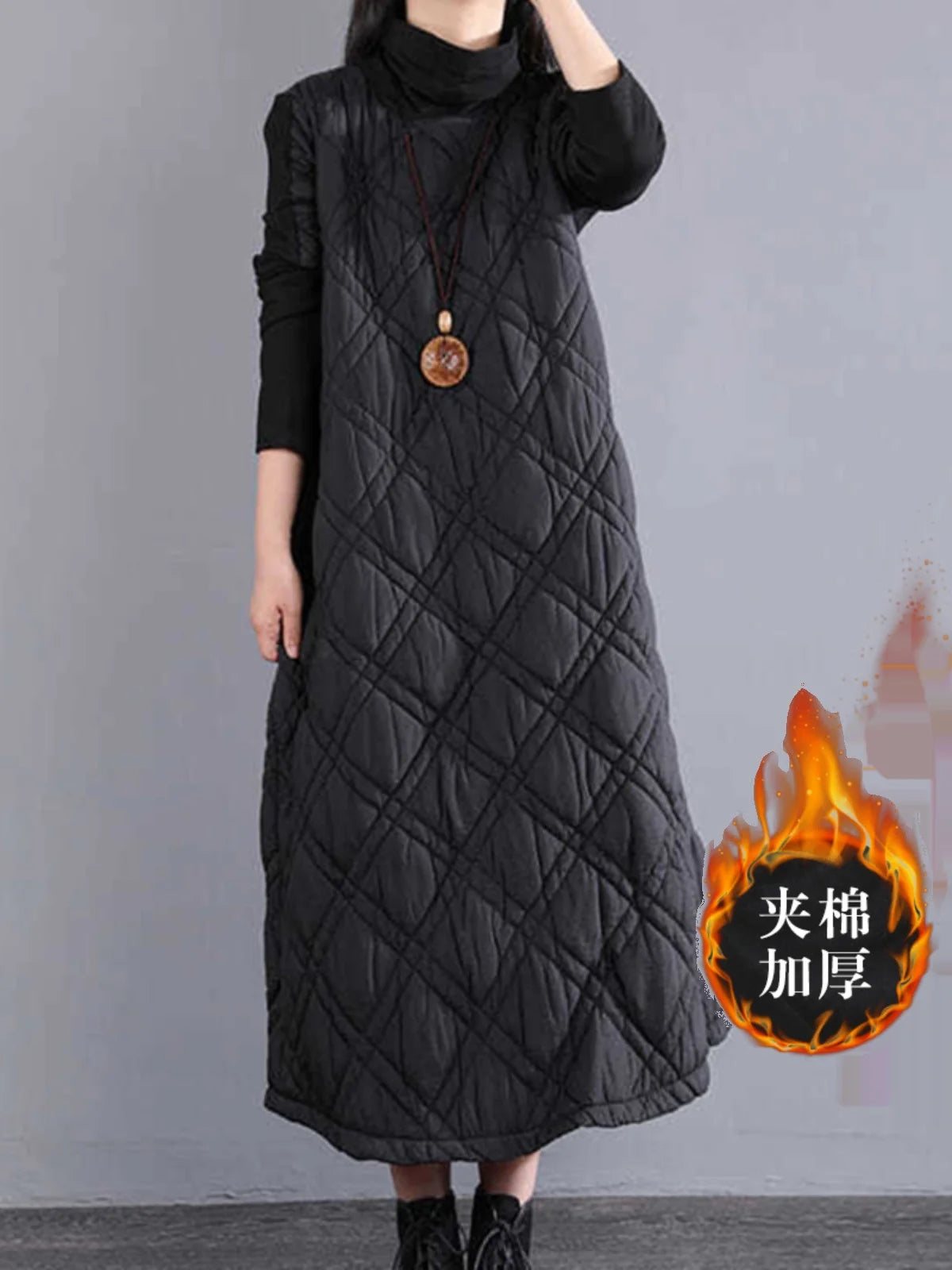 Retro High Collar Cotton Blend Long Dress for Women – Loose Fit Thickened A-Line Skirt for Autumn Winter Casual Wear