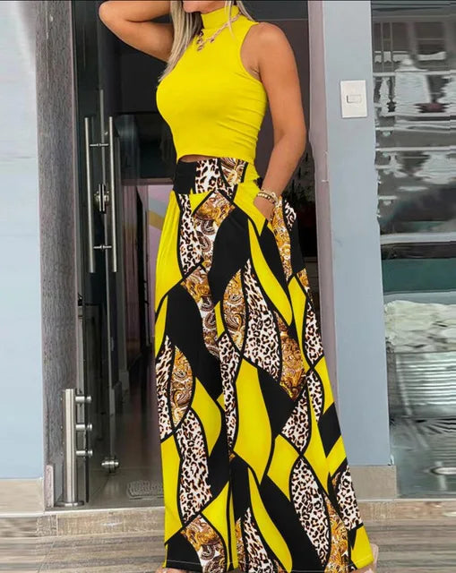2025 Summer Fashion Printed Two Piece Set Women – Sleeveless Tank Top & Wide Leg Pants 🌞👚👖