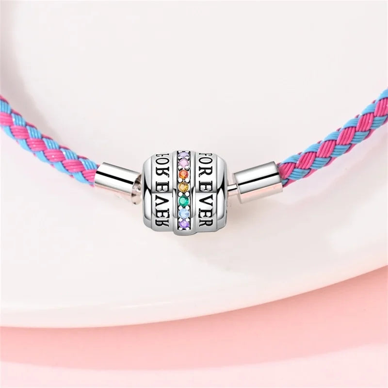 925 Sterling Silver Rainbow Leather Braided Bracelet | Eternal Love Stars & Moon Charm – DIY Women’s Beaded Jewelry Gift