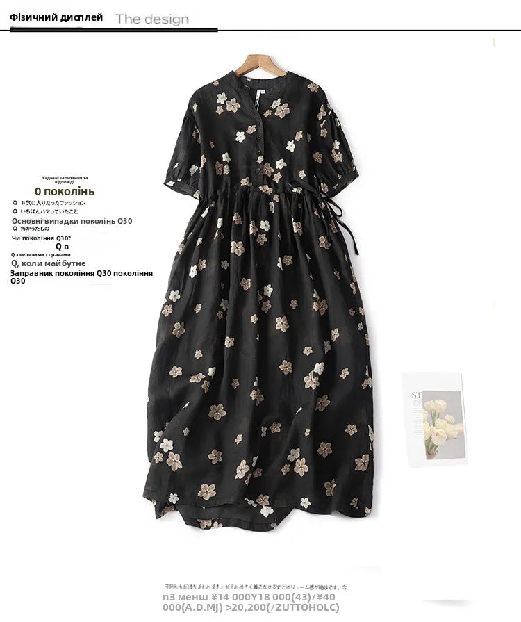 Elegant Hemp Floral Print Maxi Dress – Women's Summer Travel Gown, A-Line Midi Skirt, Chic Lightweight Long Dress