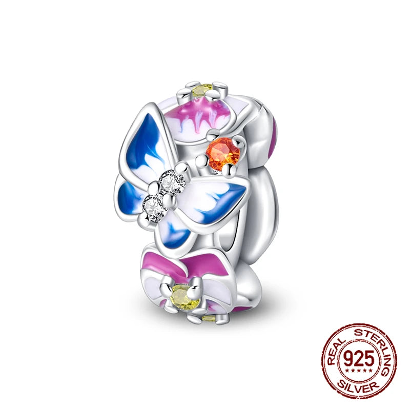 925 Sterling Silver Purple Flower & Butterfly Dangle Charm | Bead for 4MM Bracelet or Necklace DIY Jewelry Gift