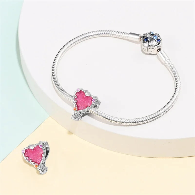 925 Silver Plated Magic Mirror Princess Angel Pink Charm Beads | Fits Original Pan 925 Bracelet | Exquisite DIY Jewelry