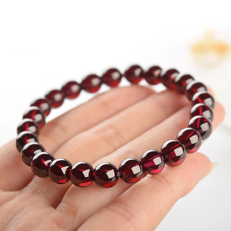 Natural Red Pomegranate Stone Bead Bracelet | Dark Garnet Charm for Women & Men