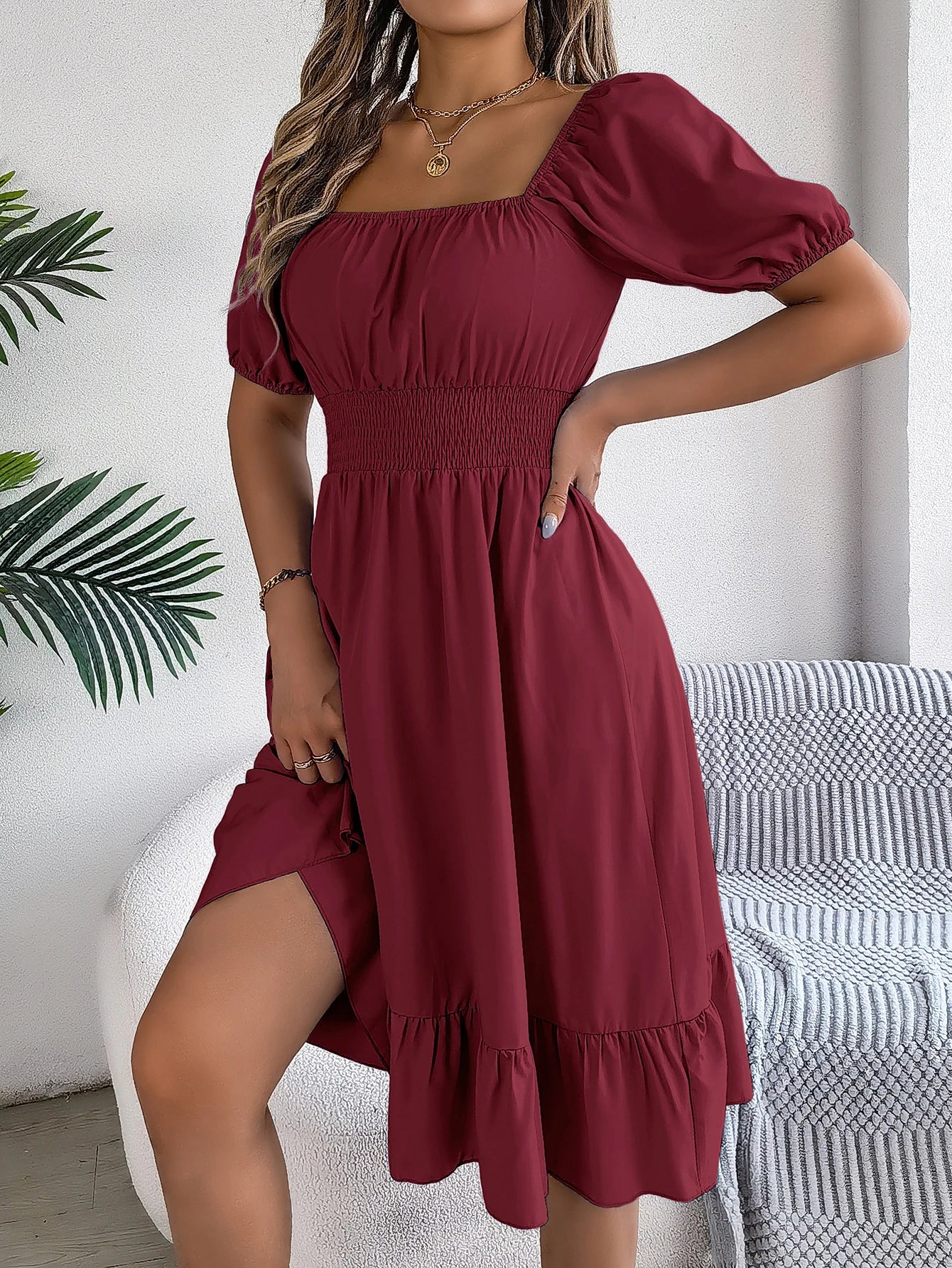 2026 Women’s Elegant High-Waisted Dress – Square Neck, Short Sleeve, Ruffled Edge Long Dress | Spring Summer Valentine’s Day