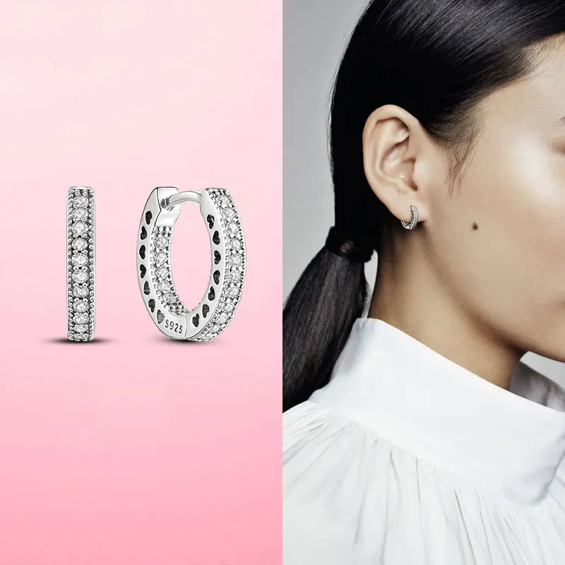925 Sterling Silver Double Band Pave Hoop Earrings – Women’s Fashion Silver Jewelry