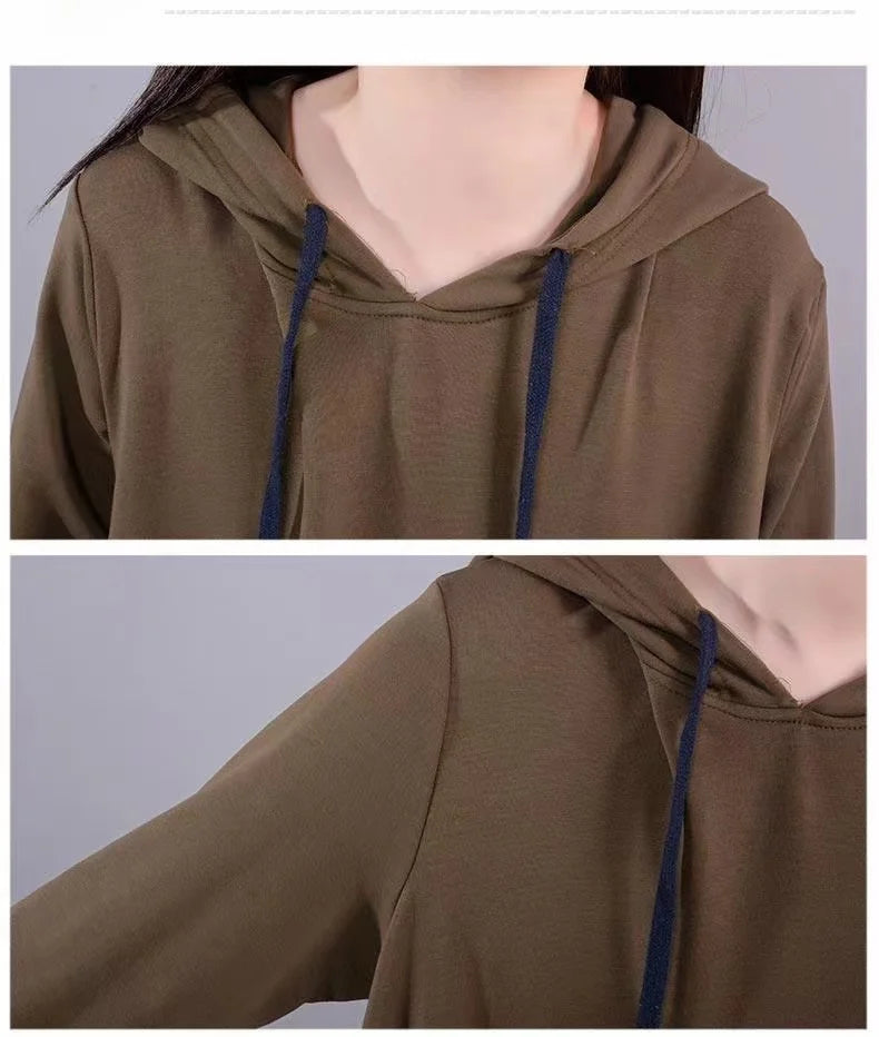 Artistic Loose Midi Dress for Plus Size Women | Autumn Hooded Long Sleeve Polyester Fiber Dress | Casual Commute Fashionable