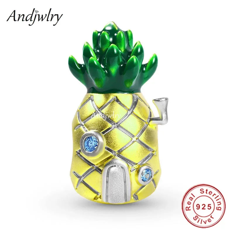 925 Sterling Silver Yellow Pineapple House Charm | Fits Pandora Bracelet | Original Bead & Bangle Jewelry