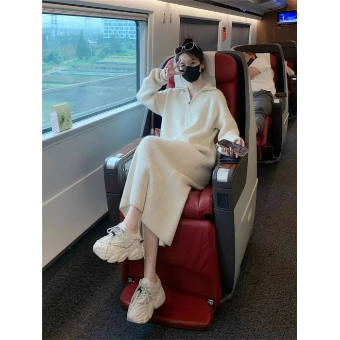 Plus Size Women's Knitted Midi Dress – Casual Loose Waist H-Shape Straight Tube Skirt, Long Sleeve Pure Color Polyester Fiber