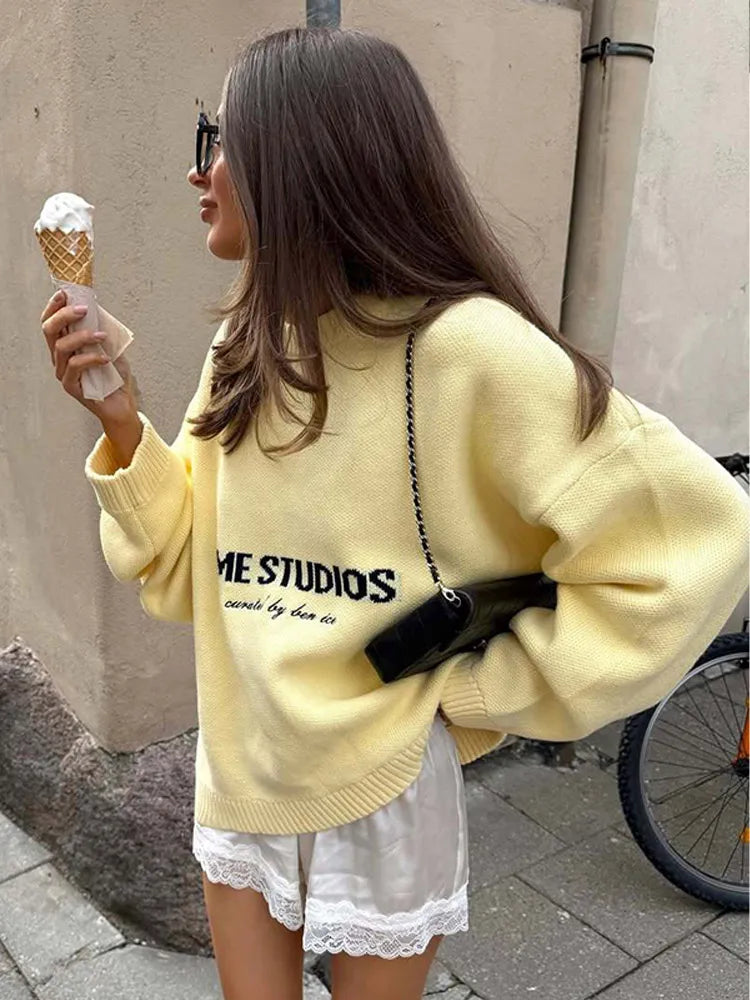 2025 Women’s Oversize Knitted Top | Full Sleeve Round Neck Pleated Loose Sweater | Autumn Daily Streetwear