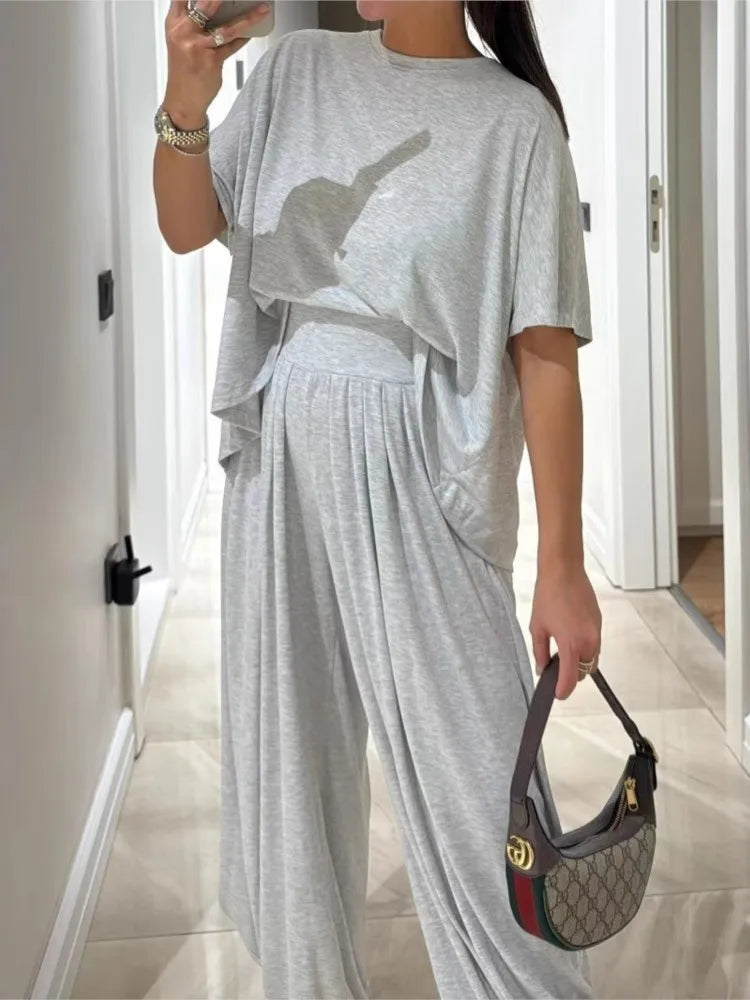 Casual Women’s 2-Piece Set – Short Sleeve T-Shirt & High Waist Wide-Leg Trousers Summer Fashion 🌿☀️