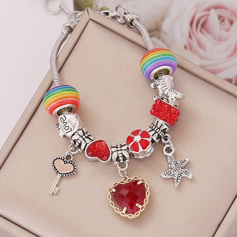 Trendy Colorful Pandora Lucky Rainbow Charm Bracelet | Four-Leaf Clover, Starfish & Heart Pendants