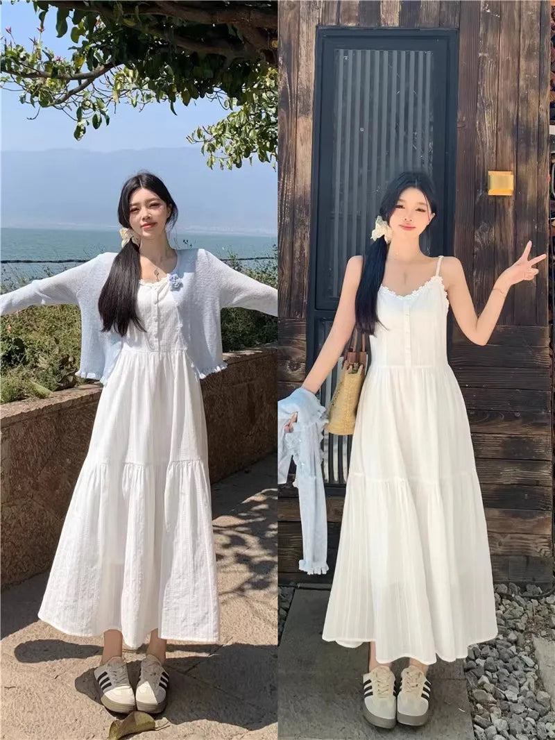 Summer 2025 Women’s Pure Cotton White Strap Dress with Long Sleeve Ice Silk Knitted Sun Protection Cardigan Set – Elegant Fashion