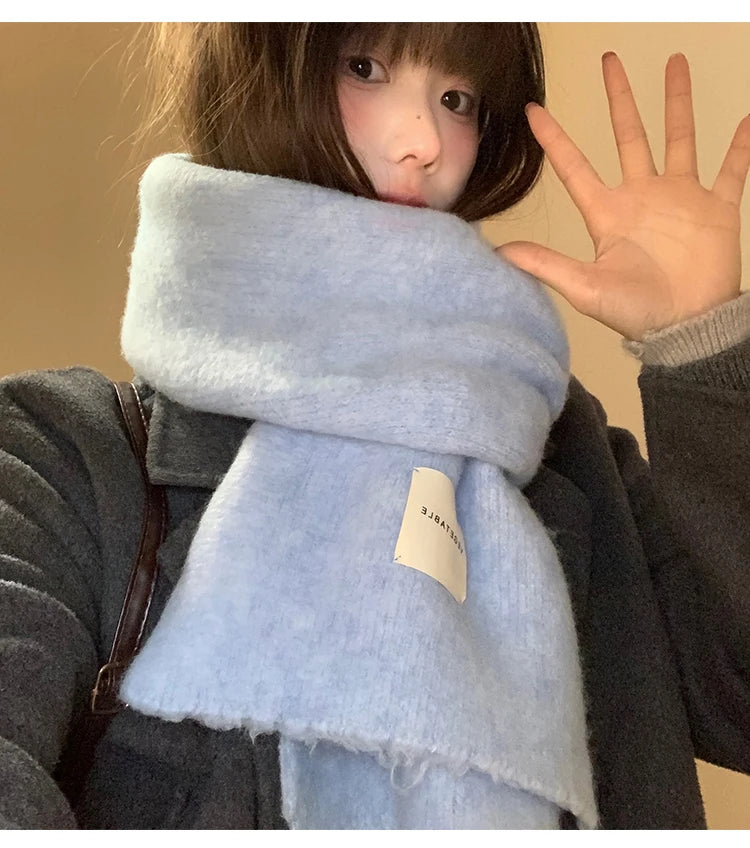 Warm Wool Blend Blue Knitted Scarf – Women’s Korean Style Winter Neck Warmer | Long Rectangle Color Scarf