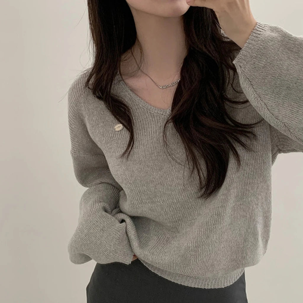 Loose Women’s Knitwear V-Neck Long Sleeve T-Shirt – Casual Comfortable Fashionable Autumn Top New Arrival