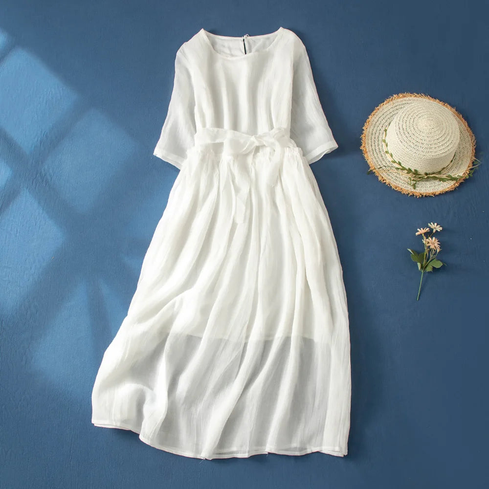 Women’s Summer Lightweight Cotton Dress – Long Sleeve Loose Waist A-Line Retro Dress with Belted Splice