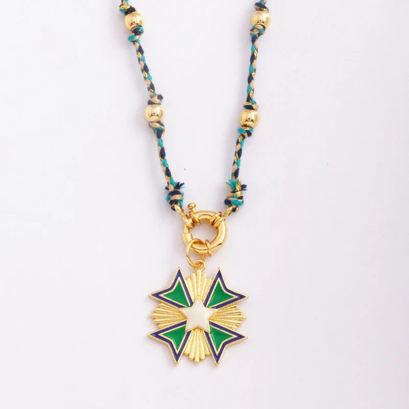 Star Celestial Evil Eye Beaded Necklace Boho Long Knot Cotton Cord Jewelry