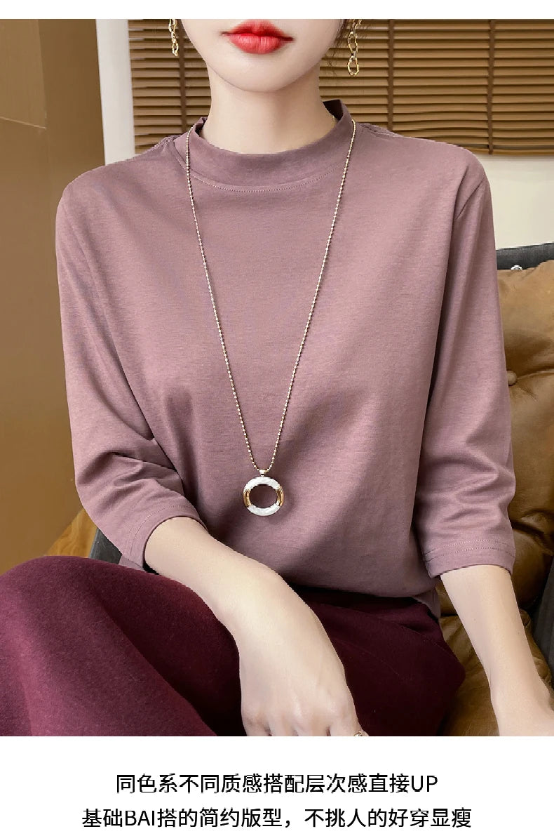 Women’s Cotton T-Shirt | Semi-High-Neck Cropped Sleeve Top | Loose Solid Color Summer & Autumn Bottoming Tee