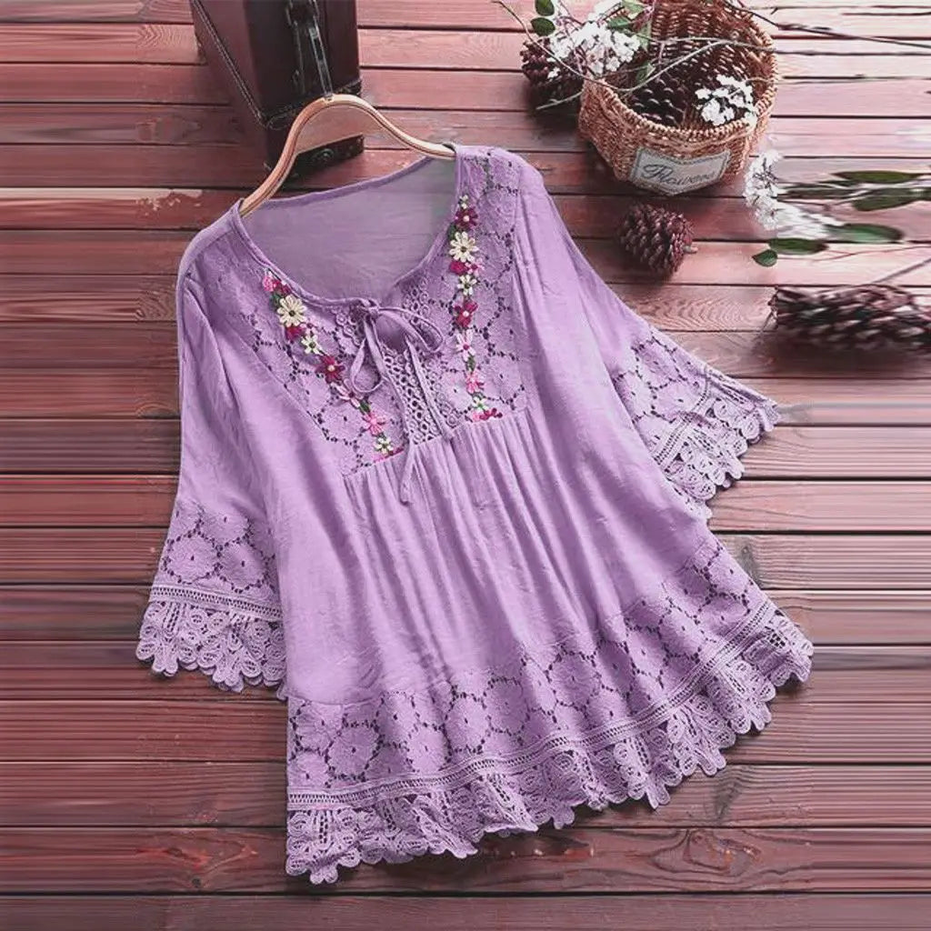 Summer Women Casual V-Neck Blouse – Cotton & Linen Lace Flower Loose Top 🌸☀️