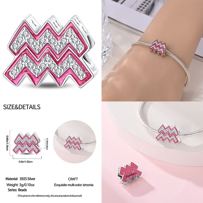 925 Sterling Silver Pink Zircon 12 Zodiac Signs Charms | Fit Original Pandora Bracelets DIY Jewelry Gift for Women