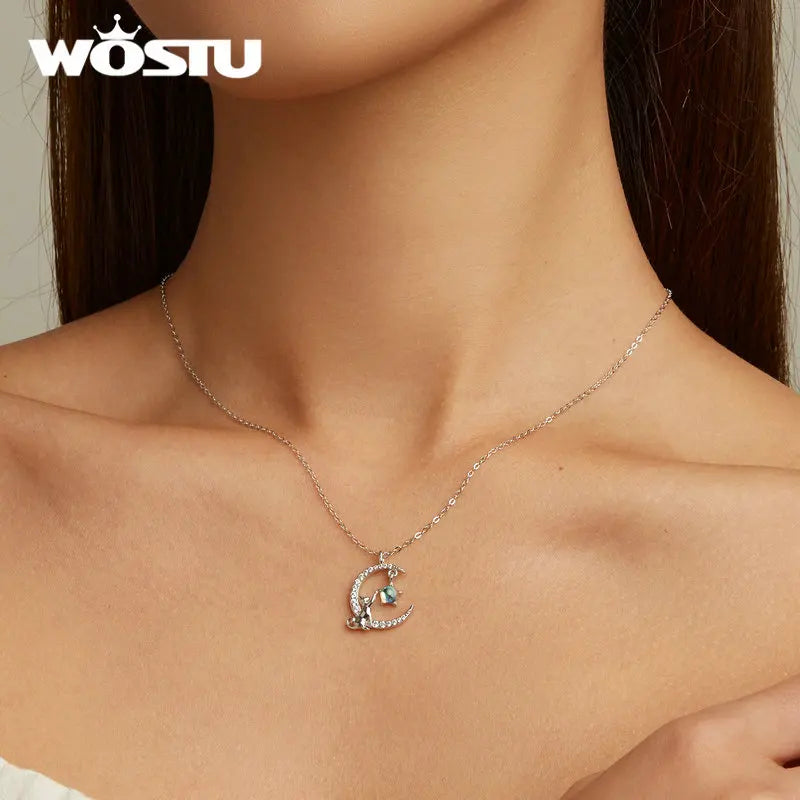 WOSTU 925 Sterling Silver Cat & Rabbit Moon Necklace | Star Zircon Pendant for Women Fine Jewelry Gift
