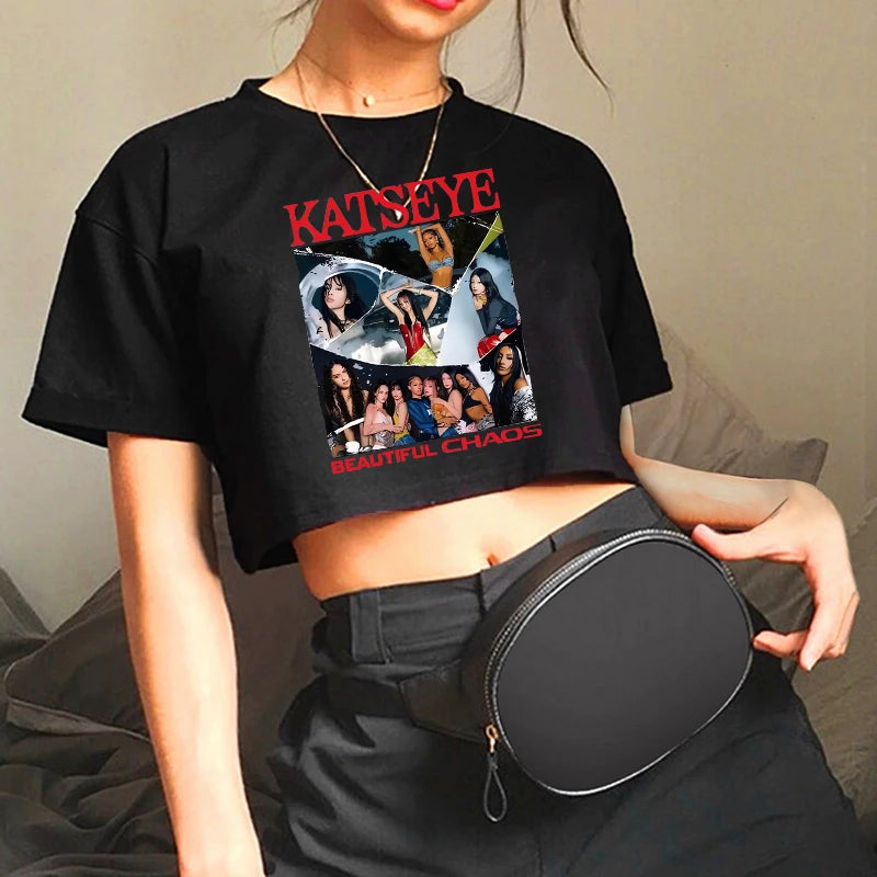 Sexy Graphic Crop Top for Women – Gothic Y2K 90s Korean Style Katseye Print Cropped T-Shirt