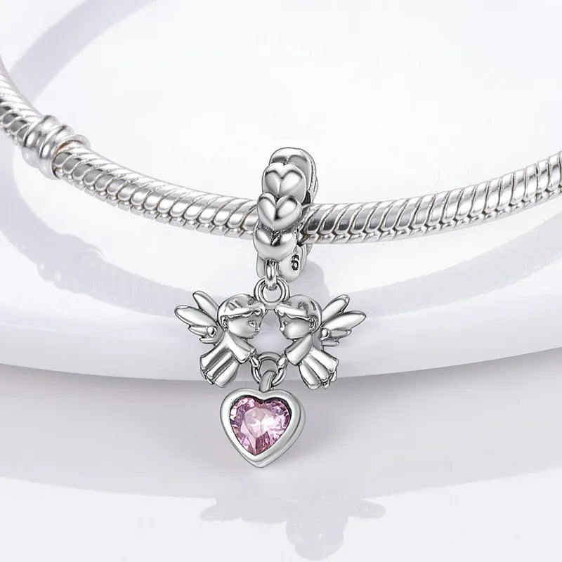 S925 Silver Angel Baby Charms | Heart Shape Wings Dangle Beads Fit Bracelet & Necklace