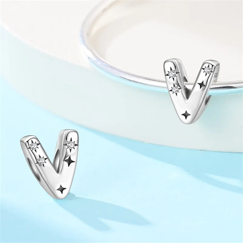 Classic 925 Sterling Silver A–Z Alphabet Charms | Letter Beads with Stars Fit Original Bracelet DIY Jewelry for Women