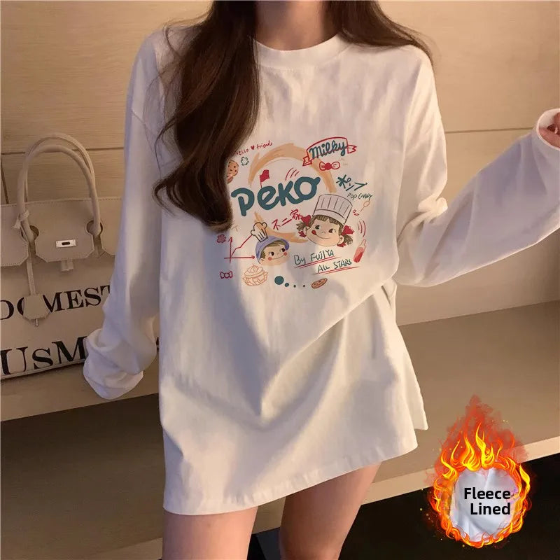 Women’s Long Sleeve Cotton T-Shirt | Fleece-Lined White Base Layer | Loose Fit Autumn Inner Wear