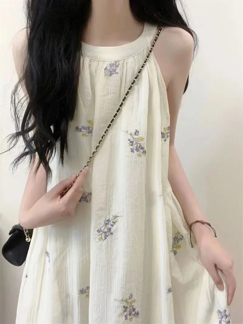 Fashionable Korean Loose Floral Dress – Women’s Summer 2024 Sweet A-Line Midi Hanging Neck Round Neck Beach Dress