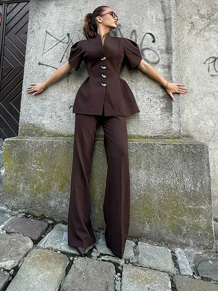 Elegant Chic Women’s 2-Piece Pants Suit – Short Puff Sleeve Single-Breasted Shirt & Straight Flare Pants 2026 Spring 🌿✨