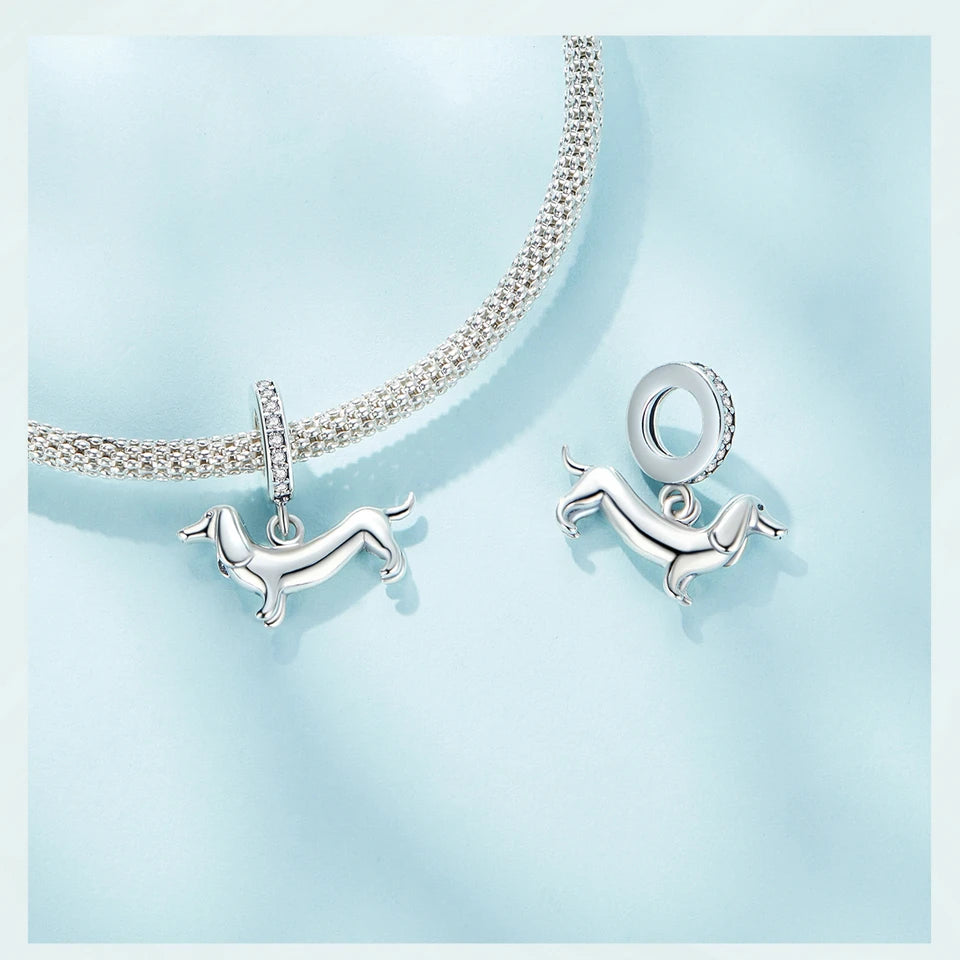 BISAER 925 Sterling Silver Dog Charm | Cute Dachshund Pet Bead Pendant for Women’s DIY Bracelet Jewelry