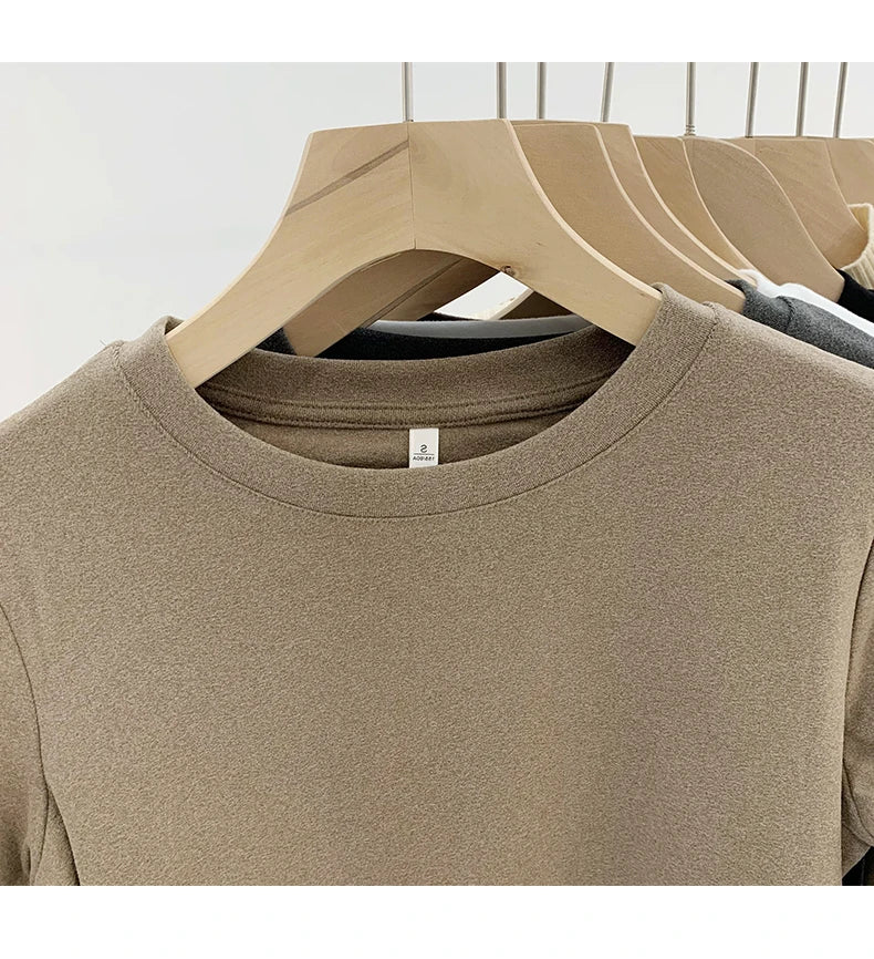 Women's Round Neck Fleece-Lined Long Sleeve Base T-Shirt ❄️ Slimming Inner Wear 👚 Korean Style Commute Fashion 🌟