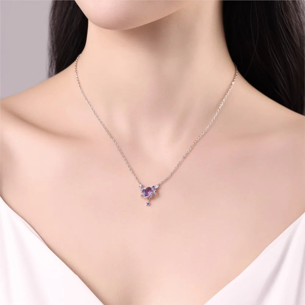 925 Sterling Silver Purple Infinite Love Heart Planet Necklace | Elegant Women’s Fashion Jewelry Birthday Gift