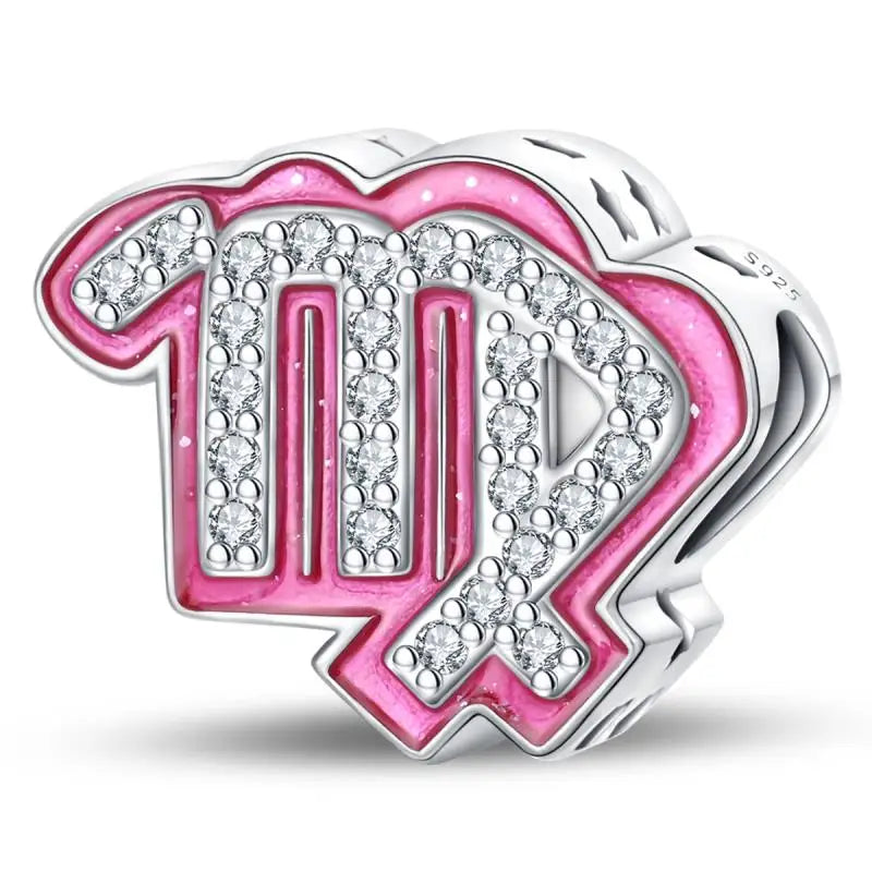 925 Sterling Silver Pink Zircon 12 Zodiac Signs Charms | Fit Original Pandora Bracelets DIY Jewelry Gift for Women