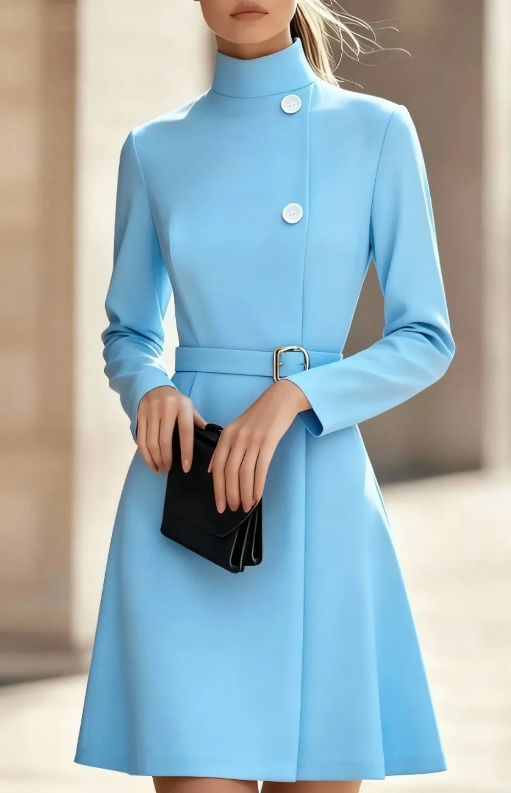 2025 Autumn Winter High Collar A-Line Mini Dress for Women – Elegant Office Commuting Long Sleeve Belted Solid Dress