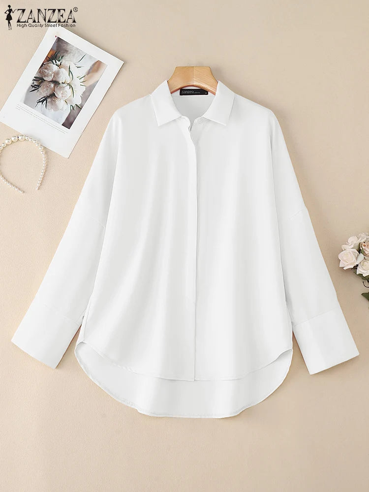 ZANZEA Oversized White Shirt Women – Turn-Down Collar Long Sleeve High-Low Top 2025 Autumn 🤍✨
