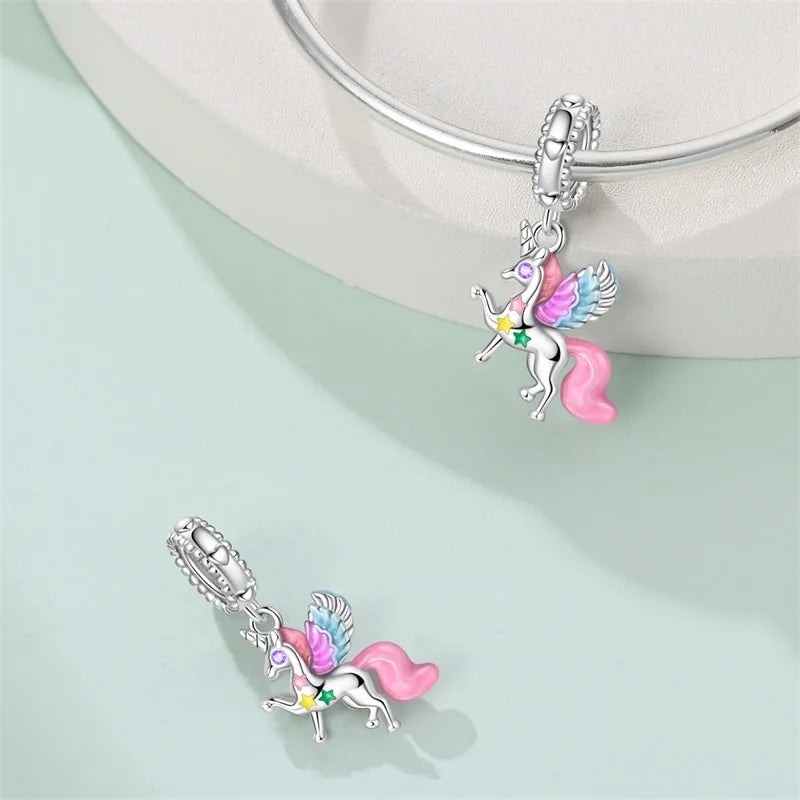 925 Silver Plated Magic Mirror Princess Angel Pink Charm Beads | Fits Original Pan 925 Bracelet | Exquisite DIY Jewelry