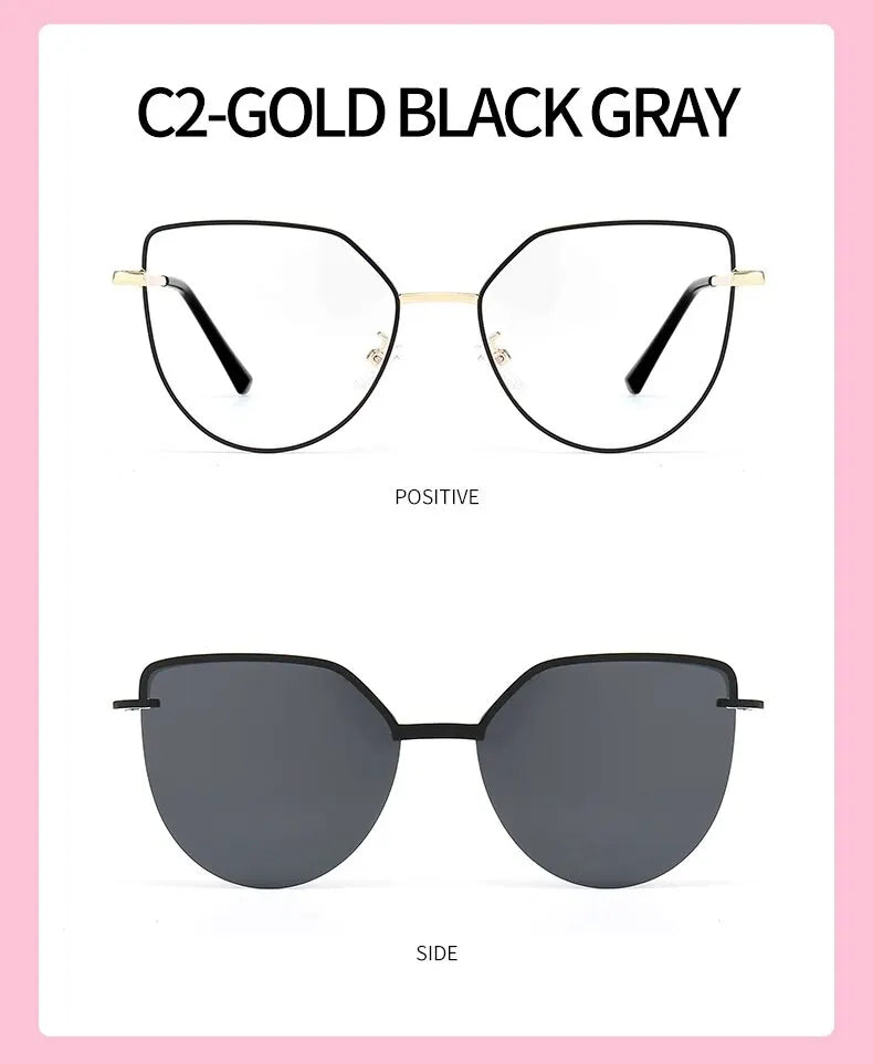 Cat Eye Flip-On Sunglasses for Women – Anti Blue Light Eyeglass Frames with Polarized Magnetic Clip | Ladies Fashion Computer Eyeglasses 7002