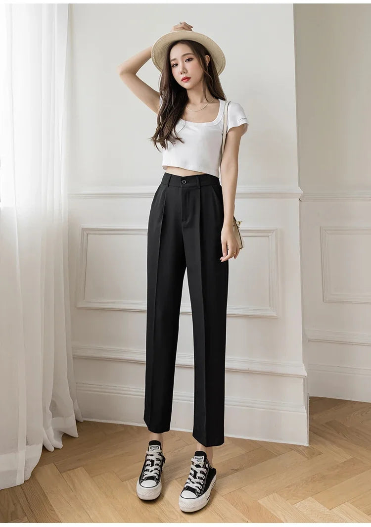 Women’s High Waist Suit Pants | Summer Black Harem Business Pants | Korean Style Pocket Thin Nine-Point Trousers