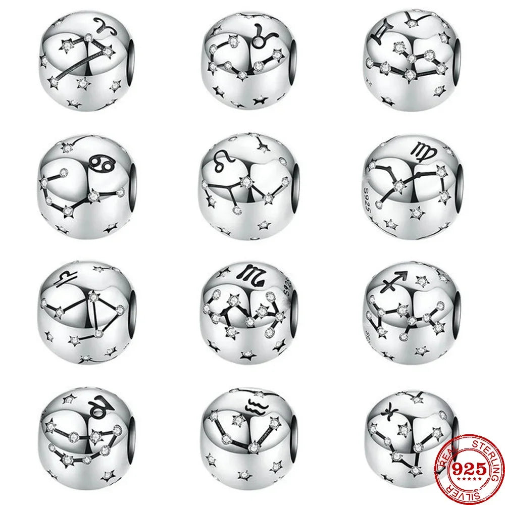New 925 Sterling Silver Zodiac Constellation Beads | Round Pendant Charms for Women’s Bracelets & DIY Jewelry