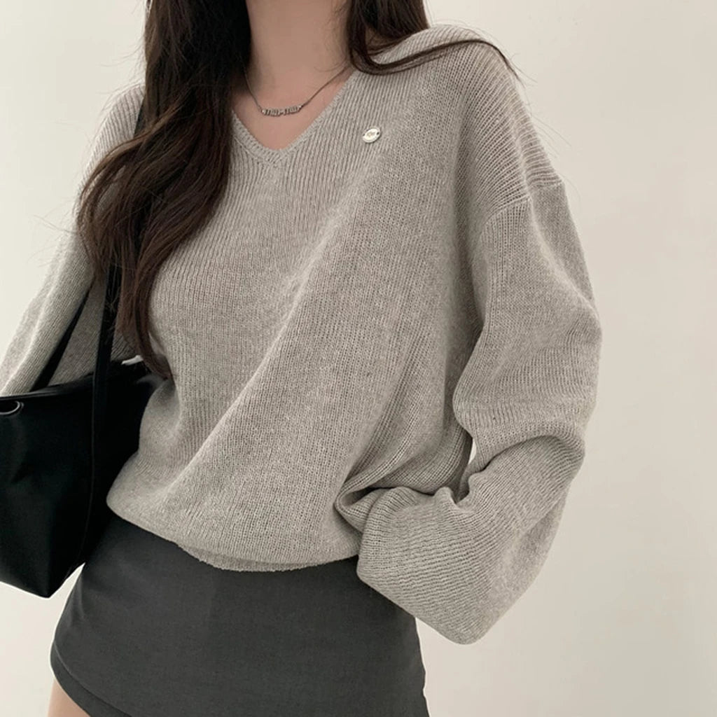Loose Women’s Knitwear V-Neck Long Sleeve T-Shirt – Casual Comfortable Fashionable Autumn Top New Arrival
