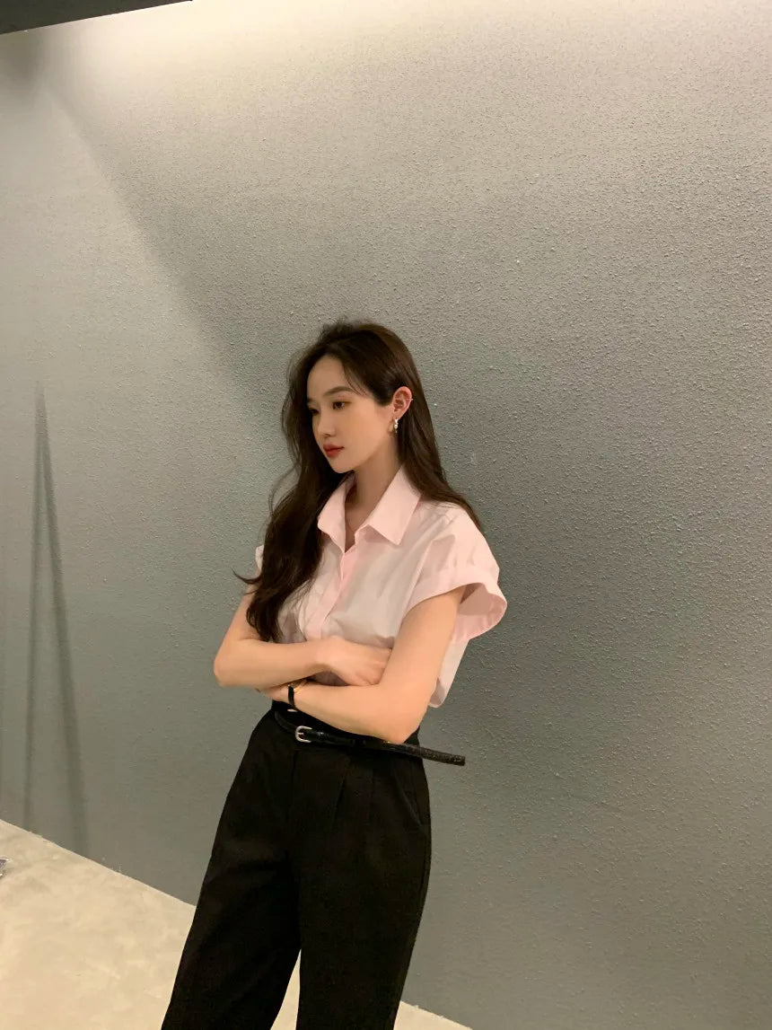 Chic Summer Loose Women’s Shirt | Classic Pure Color Professional Blouse with Small Lapel Collar