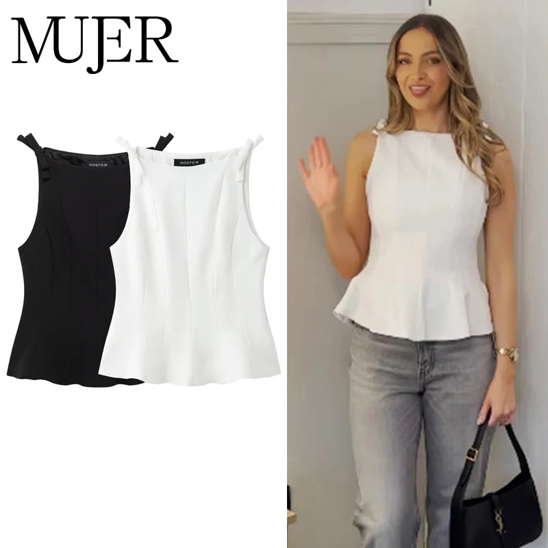 MUJER White & Black Sleeveless Tops | Women’s Off-Shoulder & Pleated Casual Tank 2025