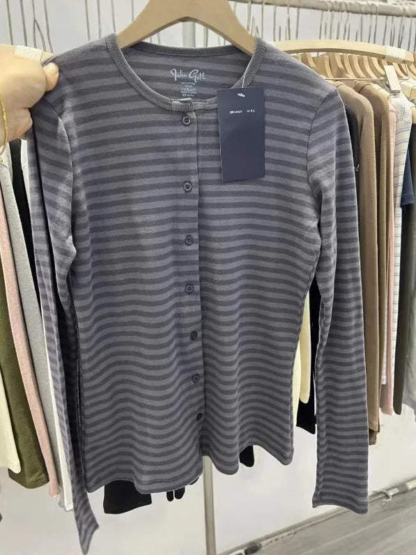 Women’s Pink Striped Slim Long Sleeve Tee | Casual Cotton O-Neck T-Shirt | Sweet Vintage Y2K Top