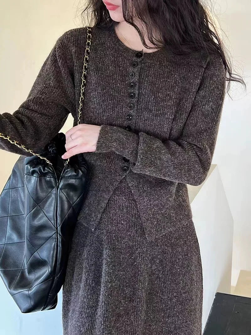 🍂 Soft Cozy Women’s Knitted Sweater & Cardigan Top 👚 Plus Dress Two-Piece Set ✨ Autumn Winter Long Sleeve Commute Wear