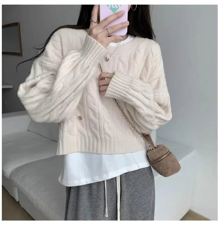 Soft Knit Sweater Women’s Top – Lazy Sleeve Inner Wear | Autumn Winter New Arrival Twist Cotton Long Sleeve Round Neck