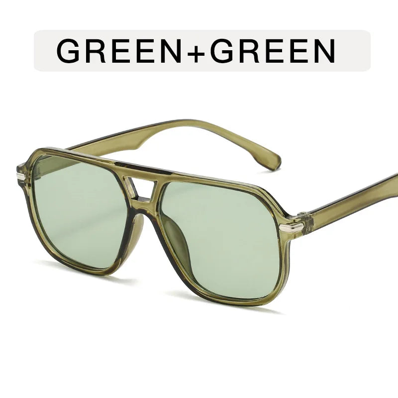 Retro Big Frame Square Sunglasses – Women & Men Double Beam One-Piece Designer Pilot Sun Glasses | Black Circular Cool Shades